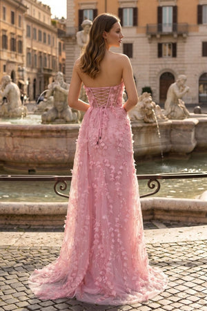 Pink Strapless 3D Floral High Slit Mermaid Long Prom Dress - KissProm