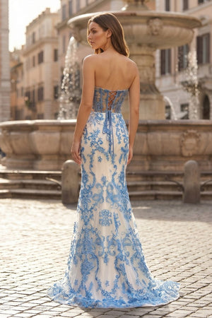 Blue Strapless Mermaid Lace Long Prom Dresses With Beading - KissProm