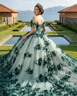 Green Ball Gown Off The Shoulder 3D Flowers Beads Applique Quinceanera Dresses - KissProm
