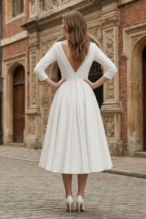 Vintage Sleeved A - Line V - neck Satin Tea Length Wedding Dress - KissProm