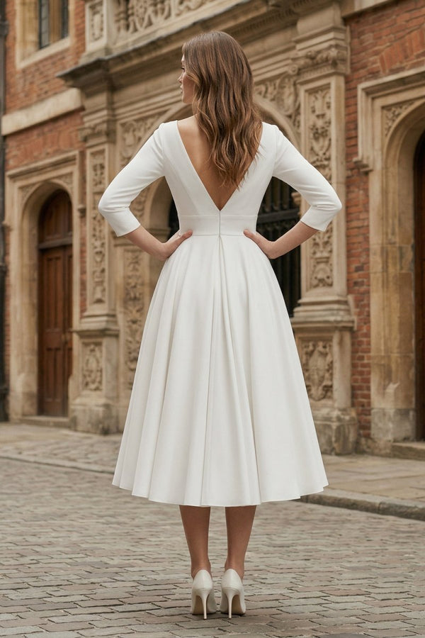 Vintage Sleeved A - Line V - neck Satin Tea Length Wedding Dress - KissProm