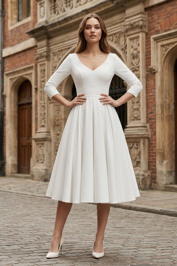 Vintage Sleeved A - Line V - neck Satin Tea Length Wedding Dress - KissProm