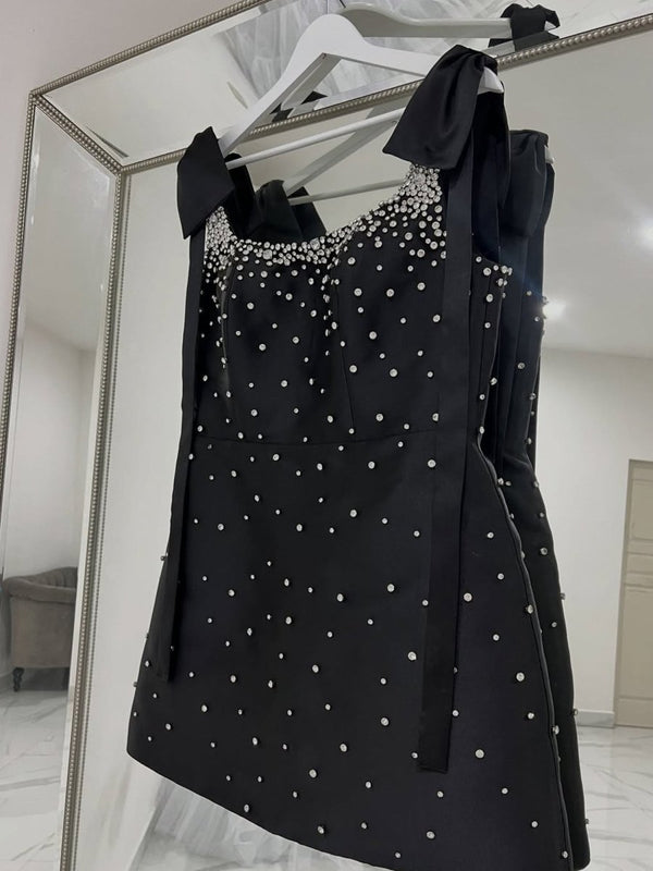 Valen | Black Square Neck Satin Short Strapless Homecoming Dress With Beading