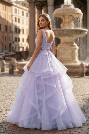 A-Line Prom Dresses Princess Dress Formal Floor Length Sleeveless V Neck Tulle Backless with Pleats Appliques – Prom Dress by KissProm | Available at KissProm