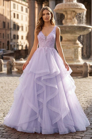 A-Line Prom Dresses Princess Dress Formal Floor Length Sleeveless V Neck Tulle Backless with Pleats Appliques – Prom Dress by KissProm | Available at KissProm