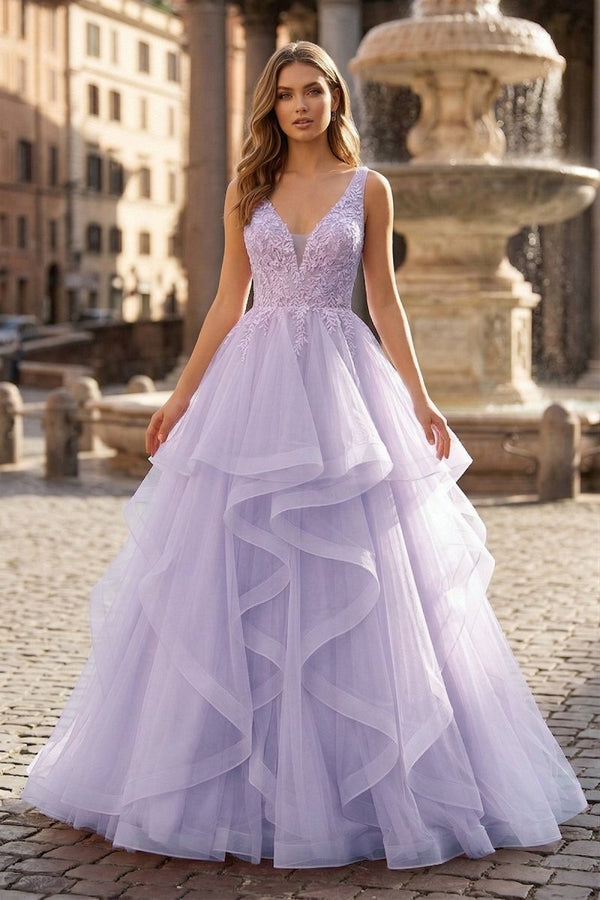 A-Line Prom Dresses Princess Dress Formal Floor Length Sleeveless V Neck Tulle Backless with Pleats Appliques – Prom Dress by KissProm | Available at KissProm