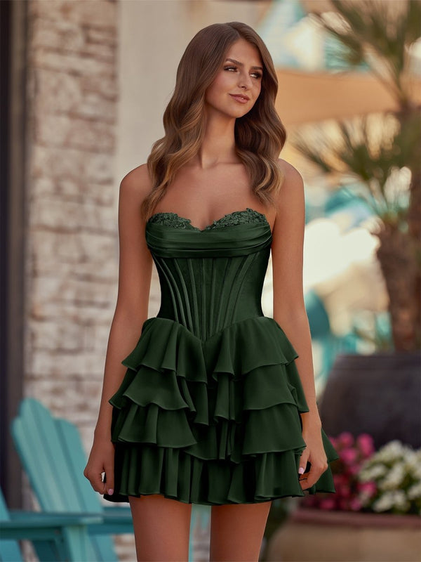 Lenne | Yellow - A-Line Sweetheart Corset Ruffle Homecoming Dress With Applique
