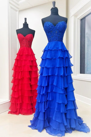 Royal Blue Chiffon Sweetheart Ruffle Tiered Long Prom Dress – Prom Dress by Kissprom | Available at KissProm