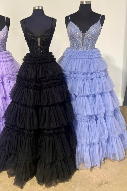 Hadlee | Black Beaded Spaghetti Strap Ruffle Tiered Ball Gown