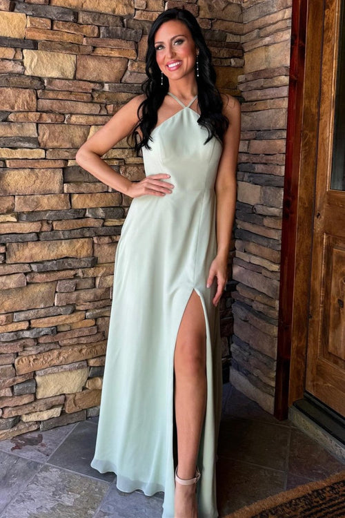 Sheath Sage Halter Chiffon Wedding Guest Dress with Slit - KissProm