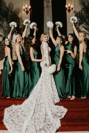 Halter Satin Pleated Mermaid Sleeveless Long Bridesmaid Dress - KissProm