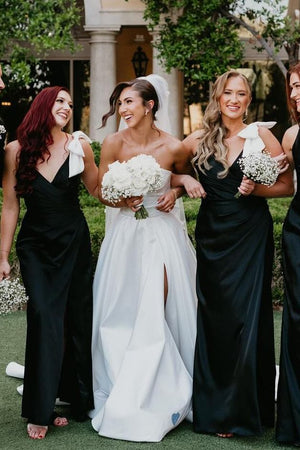 Black V - Neck Mermaid Spaghetti Straps Satin Long Bridesmaid Dress with Bow - KissProm
