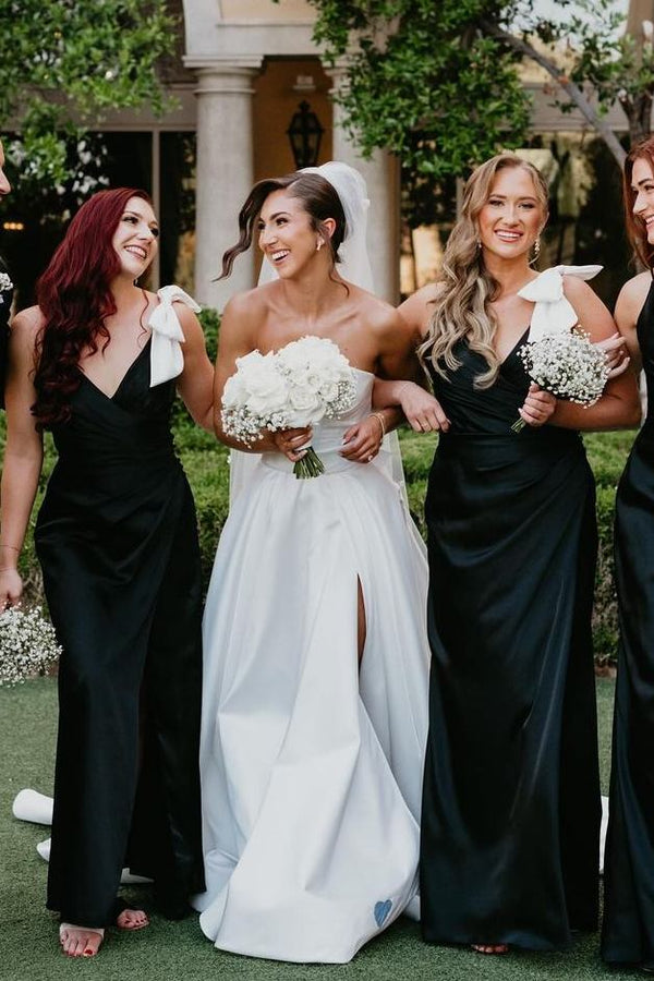 Black V - Neck Mermaid Spaghetti Straps Satin Long Bridesmaid Dress with Bow - KissProm