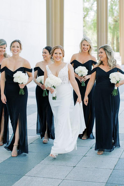 Black Mermaid Off - Shoulder Side Slit V - Neck Chiffon Long Bridesmaid Dress - KissProm