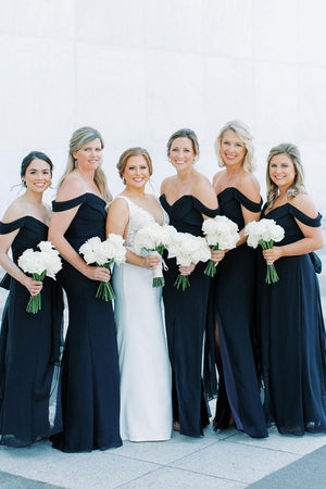 Black Mermaid Off - Shoulder Side Slit V - Neck Chiffon Long Bridesmaid Dress - KissProm