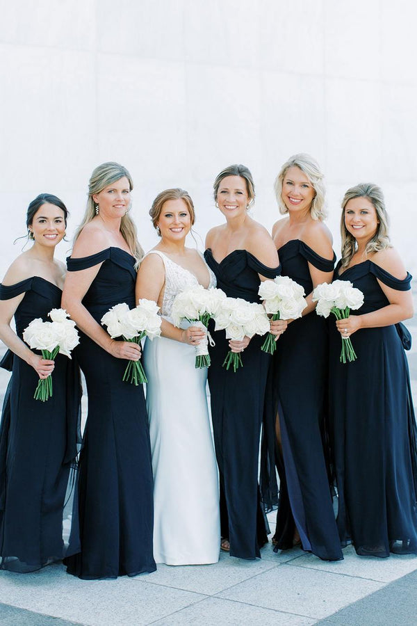 Black Mermaid Off - Shoulder Side Slit V - Neck Chiffon Long Bridesmaid Dress - KissProm