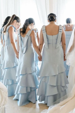 Light Blue Straps with Bows Mermaid Satin Tiered Long Bridesmaid Dress – Bridesmaid Dresses by KissProm | Available at KissProm