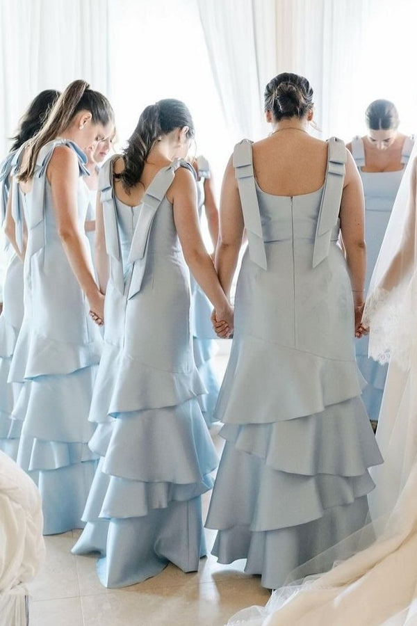 Light Blue Straps with Bows Mermaid Satin Tiered Long Bridesmaid Dress – Bridesmaid Dresses by KissProm | Available at KissProm