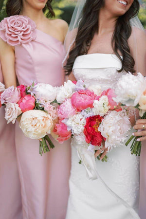 Pink One Shoulder Sheath Flower Sleeveless Satin Long Bridesmaid Dress