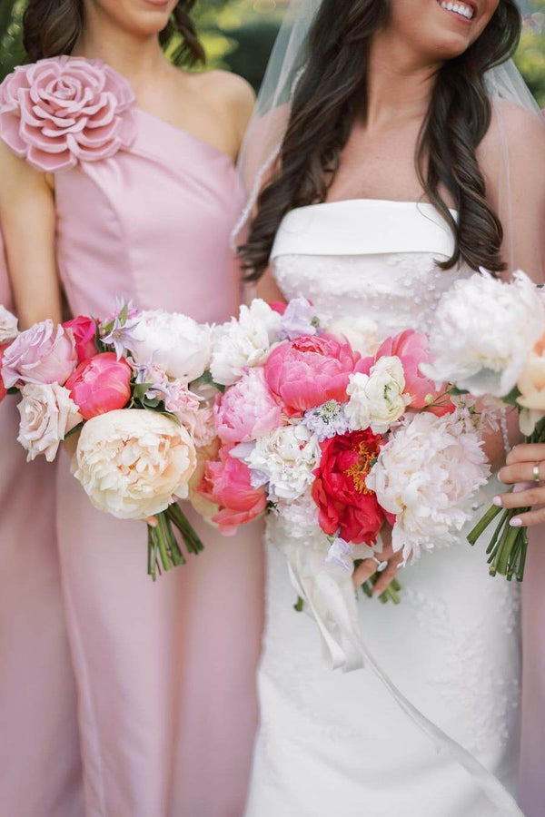 Pink One Shoulder Sheath Flower Sleeveless Satin Long Bridesmaid Dress