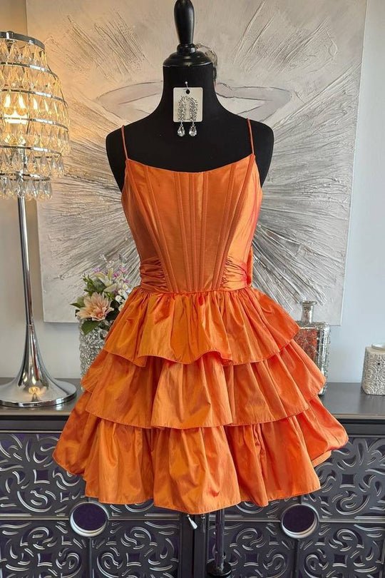 Ivilia | Black Spaghetti Straps Satin A-Line Ruffled Short Corset Homecoming Dress with Bow