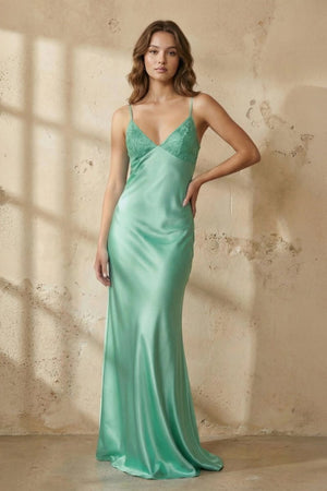 Blue Spaghetti Straps Sheath Satin Long Prom Dresses With Appliques – Prom Dress by KissProm | Available at KissProm