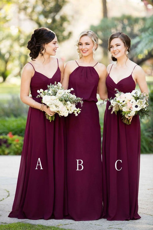 Mix A Line Chiffon Sleeveless Burgundy Straps Long Bridesmaid Dresses - KissProm
