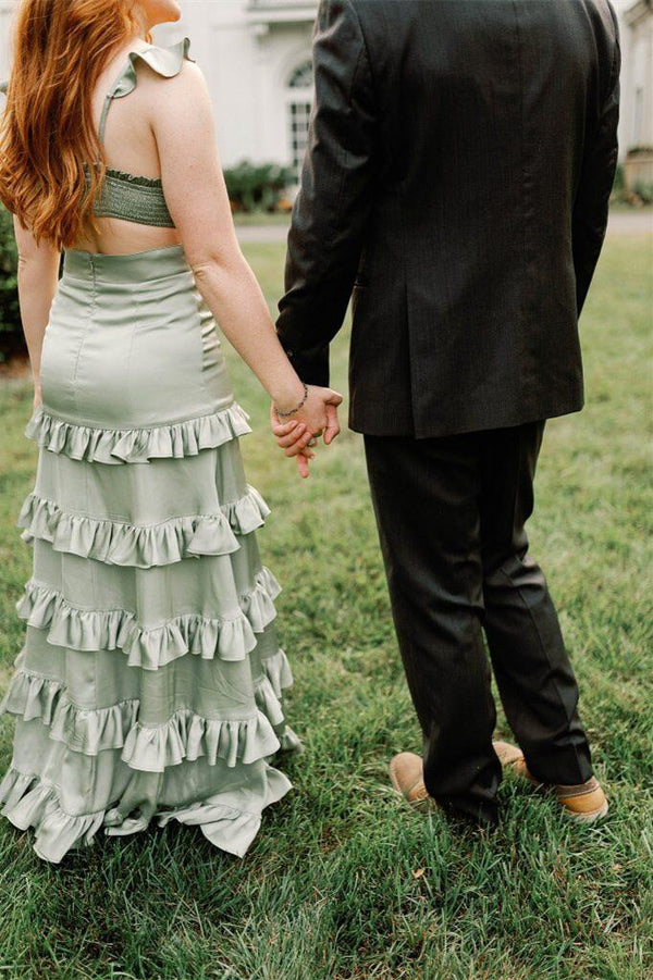 Melssa | Knotted Sage Ruffles Mermaid Tiedred Maxi Dress