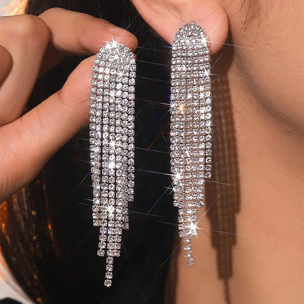 Tassel Gold Small Circle Long Earrings with Rhinestones - KissProm