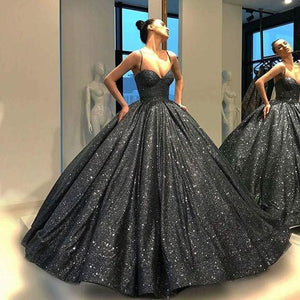 Sweetheart Spaghetti Straps Sequins Ball Gown Black Sparkly Prom Dresses - KissProm