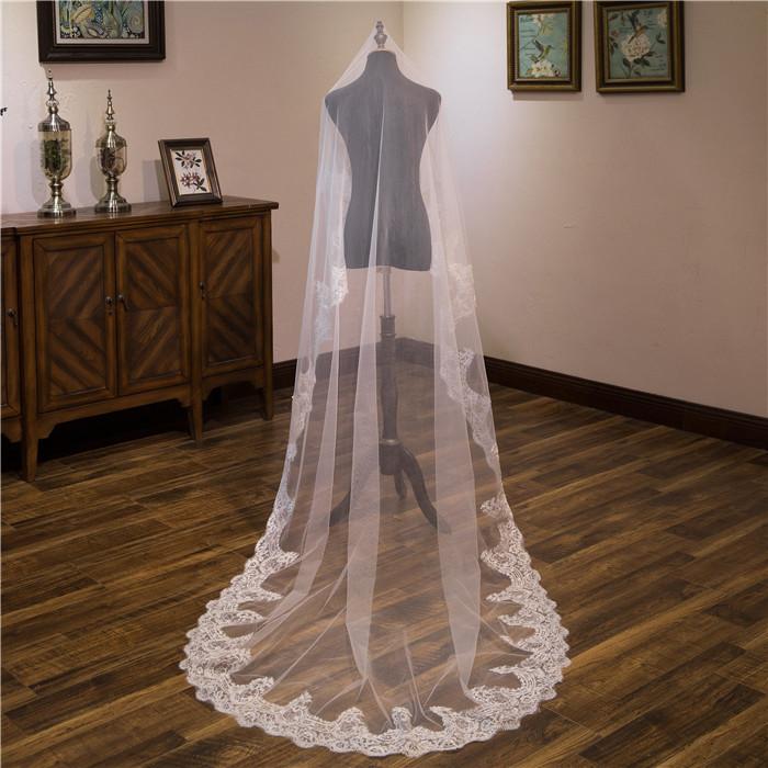 Vintage One - Tier Tulle Lace Edge Chapel Veils Appliques Wedding Veil - KissProm