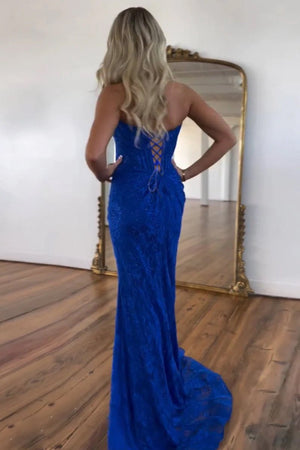 Lavender Strapless Lace Ruched Mermaid Prom Dress with Slit – Prom Dress by KissProm | Available at KissProm