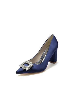 Pointed Toe Block Heels with Rhinestone - KissProm