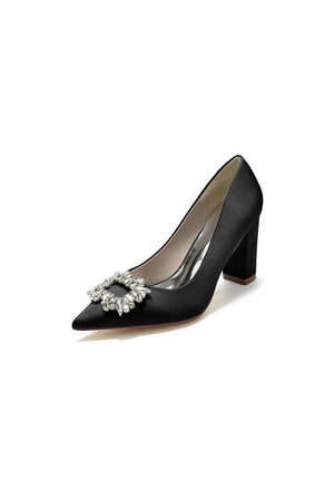 Pointed Toe Block Heels with Rhinestone - KissProm