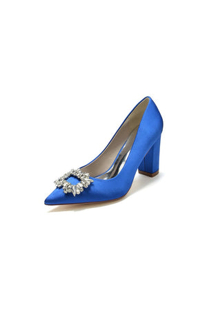 Pointed Toe Block Heels with Rhinestone - KissProm