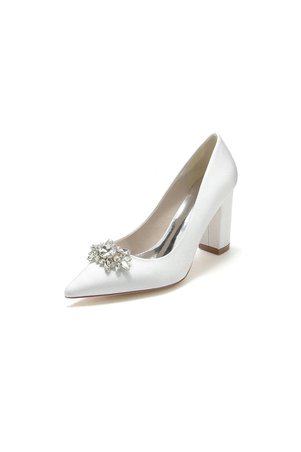 Pointed Toe Chunky Heels with Rhinestone - KissProm