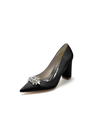 Pointed Toe Chunky Heels with Rhinestone - KissProm