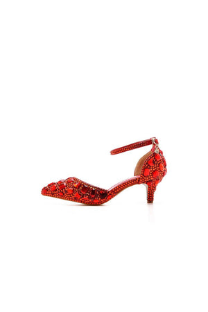 Pointed Toe Crystal Diamond Ankle Strap Kitten Heels - KissProm