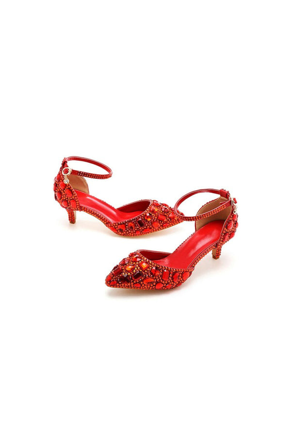Pointed Toe Crystal Diamond Ankle Strap Kitten Heels - KissProm