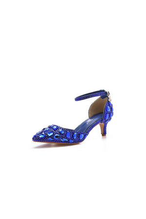 Pointed Toe Crystal Diamond Ankle Strap Kitten Heels - KissProm