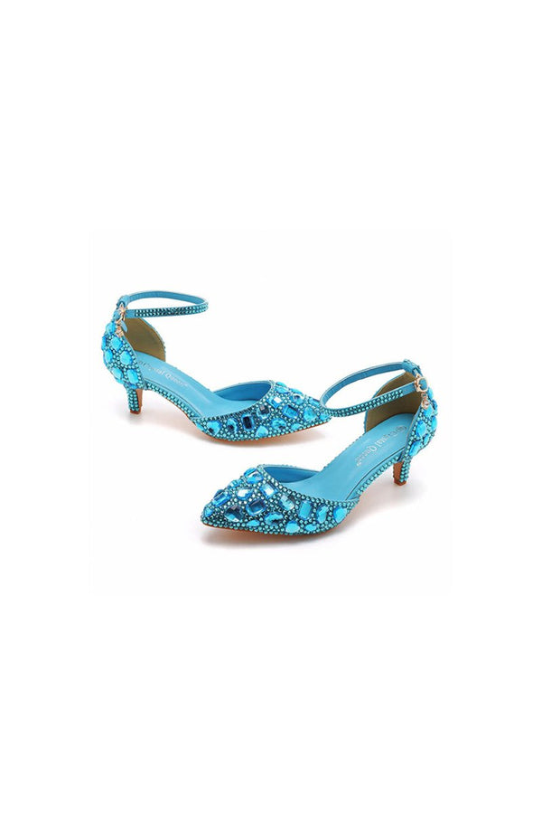 Pointed Toe Crystal Diamond Ankle Strap Kitten Heels - KissProm