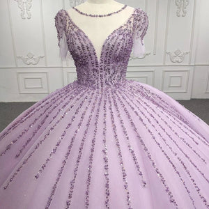 Quinceanera Dress Princess Sheer Neck Long Prom Dresses Short Sleeves Ball Gown - KissProm