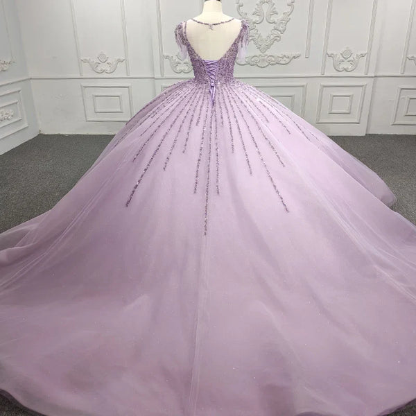 Quinceanera Dress Princess Sheer Neck Long Prom Dresses Short Sleeves Ball Gown - KissProm