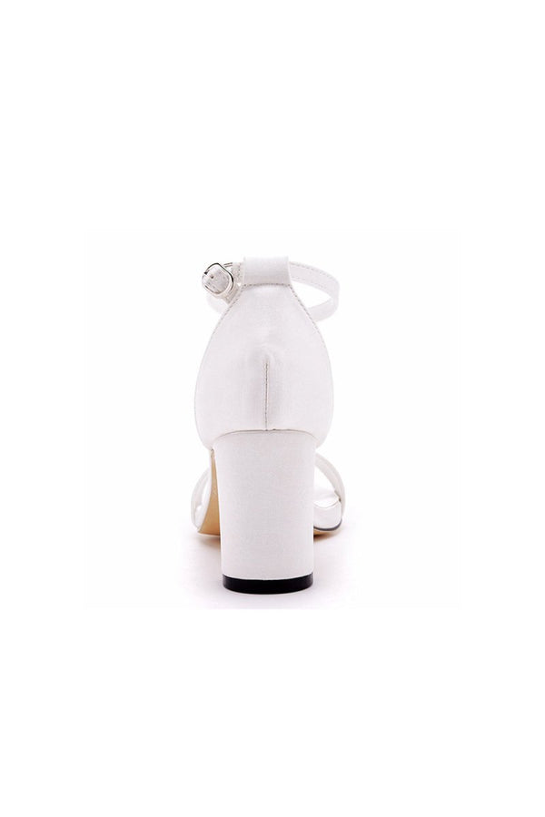 Brief Ivory Satin Open Toe Ankle Strap Chunky Heeled Sandals - KissProm