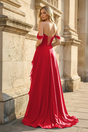 Peacock Off The Shoulder A Line Chiffon Pleated Long Prom Dresses With Slit - KissProm