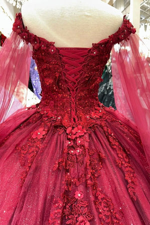 Hilary | Red Long Sleeves 3D Flowers Quinceanera Dresses Appliqued