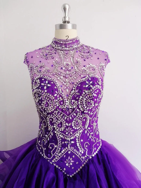 Royal Blue Organza High Neck Quinceanera Dresses Burgundy Prom Dresses