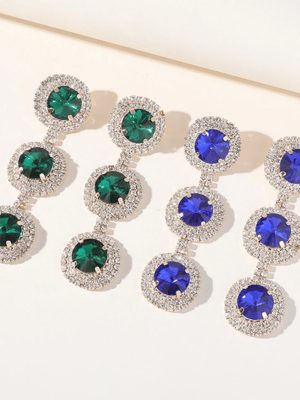 Royal Blue Rhinestones Long Round Earrings
