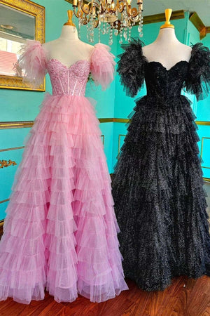 Ariya |A line Off-the-Shoulder Glitter Tulle Prom Dress with Slit