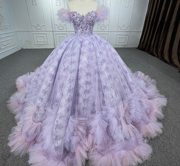 Quinceañera lace Off - the - Shoulder Ball Gown Purple Sequined Dress - KissProm